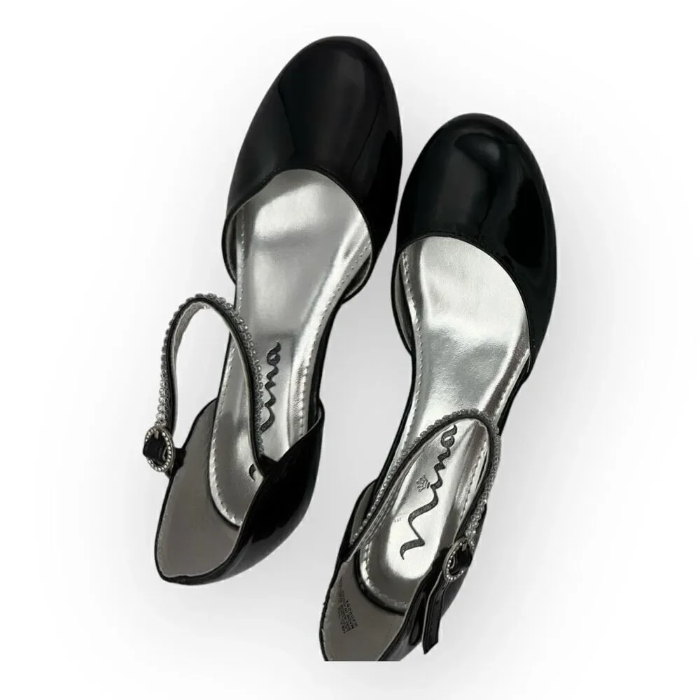 Nina Girls Cera Patent Leather Rhinestone Strap D'Orsay Heels Shoes Black Sz 3M
